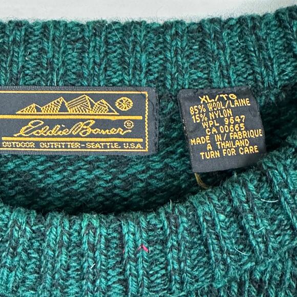 Mens VTG 90s Eddie Bauer Dark Green Black Wool Blend Heavy Knit EUC Sweater XL - Picture 4 of 6